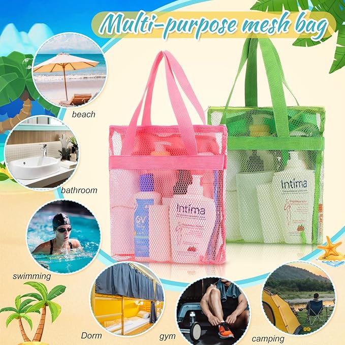 6 Pcs Mesh Shower Caddy Bags Portable Mesh Beach Bags Bulk with Zipper & 2 Pockets Hanging Toiletry and Bath Organizer for Gym Swimming Travel Camping College Dorms Beach (Fluorescent Color)