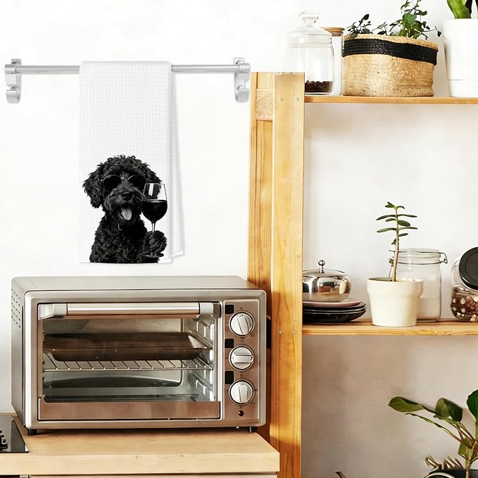 Funny Black Portuguese Water Dog Wine Bar Kitchen Towels, Dog Gifts for Women Decorative Hand Towels for Kitchen Decor, Dog Mom Dad Lovers Owner Gifts Dish Tea Towel, 16x24 Inch