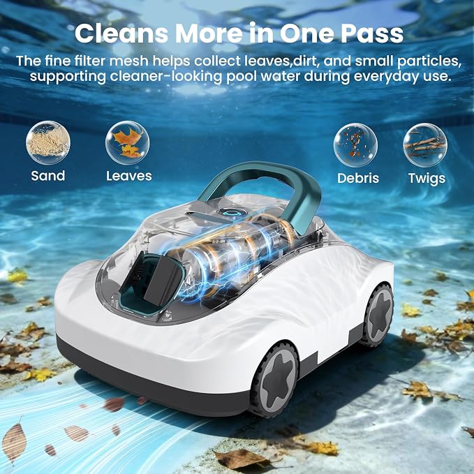 (2026 Upgrade) Cordless Robotic Pool Cleaner, Automatic Pool Vacuum for Above Ground & Inground Pools, 180-Min Runtime, 3L Basket for Leaves & Debris, Auto-Parking, Powerful Suction (White-Green)