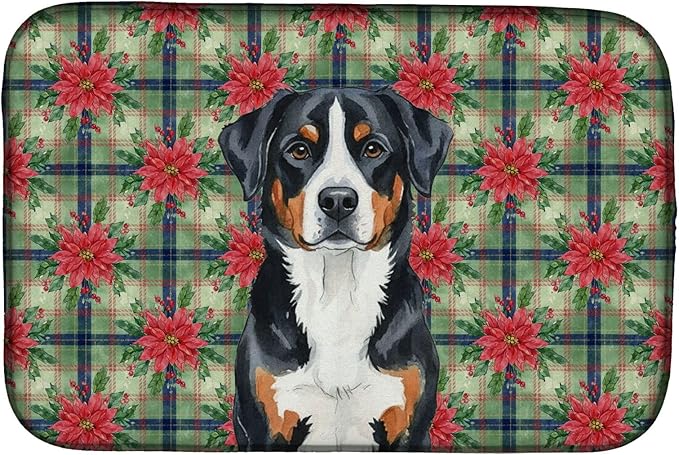 Caroline's Treasures Greater Swiss Mountain Dog Christmas PoinsettIas Dish Drying Mat Absorbent Dish Drying Mat Pad for Kitchen Counter Dish Drainer Mat for Countertop, 14 x 21", Multicolor