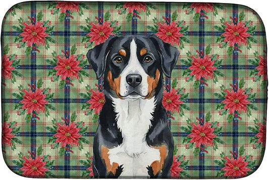 Caroline's Treasures Greater Swiss Mountain Dog Christmas PoinsettIas Dish Drying Mat Absorbent Dish Drying Mat Pad for Kitchen Counter Dish Drainer Mat for Countertop, 14 x 21", Multicolor