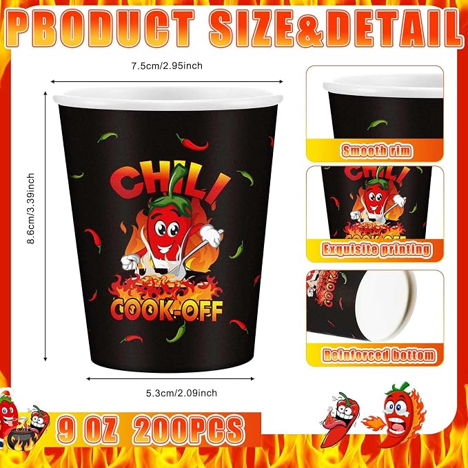 Ziliny 200 Pcs Chili Cook off Party Decorations Disposable Chili Cook off Paper Tasting Cups Food Sample Bowls for Mexican Party Supplies(Stew,9 oz)
