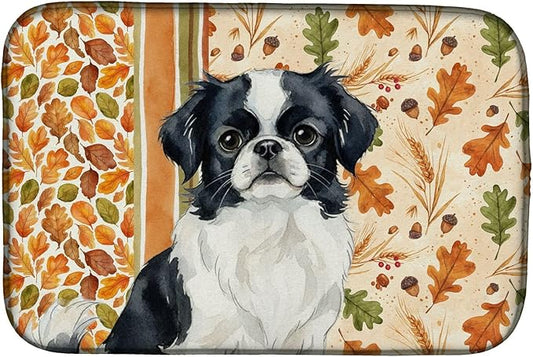 Caroline's Treasures Black and White Japanese Chin Heirloom Fall Dish Drying Mat Absorbent Dish Drying Mat Pad for Kitchen Counter Dish Drainer Mat for Countertop, 14 x 21", Multicolor