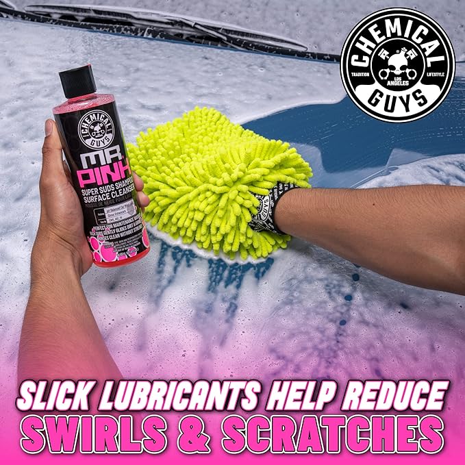 Chemical Guys Mr. Pink Car Wash Soap & Chenille Wash Mitt Kit - 64 oz High Foaming Auto Shampoo with Plush Microfiber Mitt - Safe for Cars, Trucks, Motorcycles, and RVs - Scratch-Free Cleaning Combo