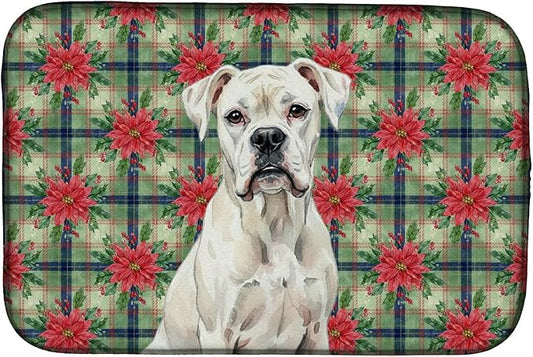 Caroline's Treasures White Boxer Christmas PoinsettIas Dish Drying Mat Absorbent Dish Drying Mat Pad for Kitchen Counter Dish Drainer Mat for Countertop, 14 x 21", Multicolor