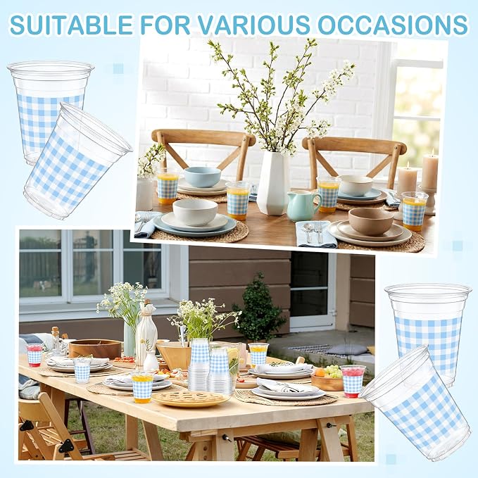 Qinyoung Checkered Plastic Cups 12oz Gingham Party Disposable Cups Bulk Drinking Cup for Cold Drinks Baby Shower Wedding Summer Birthday Party Supplies(Blue and White,100 Pcs)