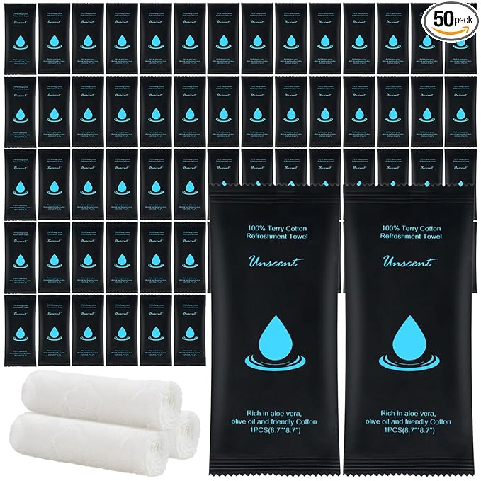 Moist Cotton Towel Bulk Moist Towelettes Individually Wrapped 8.7" x 8.7",White Towel Services,Refreshment Pre Moistened Towels for Travel Sport Party Spa Dentist (1 Count (Pack of 50), Unscented)
