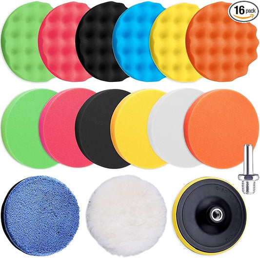 SIQUK 16 Pieces Buffing Pads 6 Inch Car Polishing Pad Kit Foam Polish Pads Wax Buffer Polisher Attachment for Drill