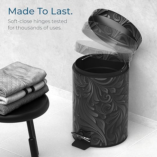 Sanilo Small Bathroom Trash Can with Lid [1.3 Gallon] - Lidded Tiny Trashcan for Garbage - Mini Metal Bin with Soft Closing Mechanism - Bath Room Accessoire Wastebin with Inner Bucket (Floral)