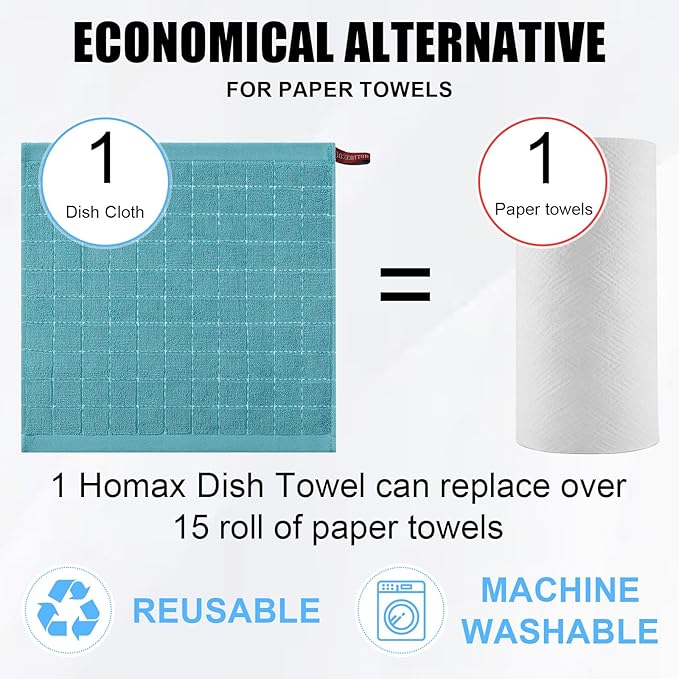 Homaxy 100% Cotton Terry Kitchen Dish Cloths, Ultra Soft and Absorbent Dish Towels for Kitchen, Suitable for Drying and Washing Dishes, 12 Pack, 12 x 12 Inches, Lake Blue
