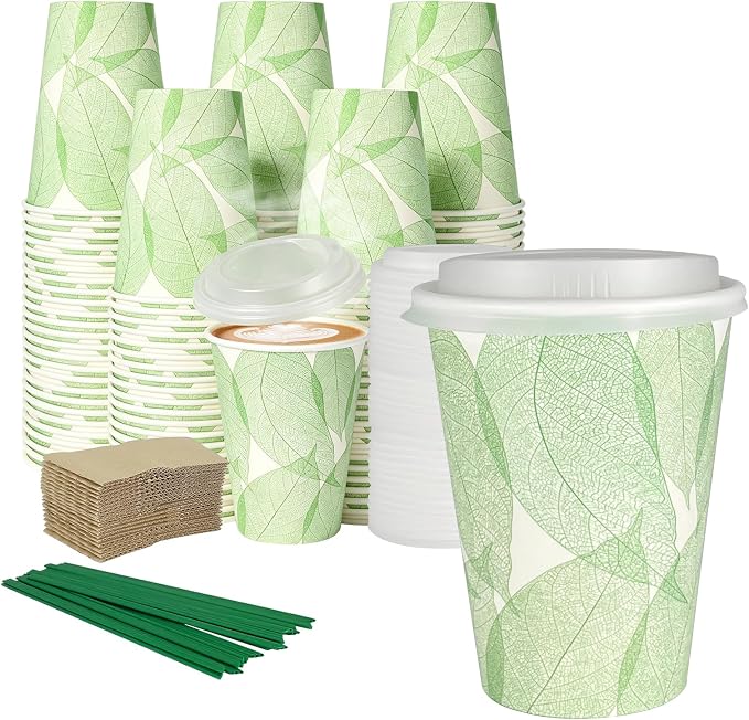 Plant-Based PLA Lined Disposable Coffee Cups with Lids, Straws & Sleeves, Compostable Cups Set, Eco-Friendly for Hot/Cold Drinks, Party, Travel, Office (12 oz 50 Count)