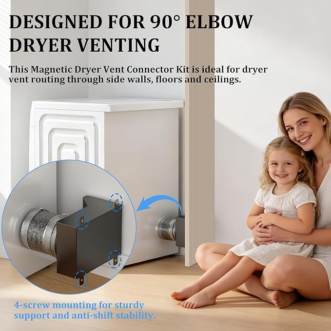 Magnetic Dryer Vent Coupler, 90 Degree Elbow Dryer Vent Connector Kit with Strong Magnetic Self-Connection, Stainless Steel Airtight Seal Dryer Venting Kit Includes 2.6ft 4IN Duct & Clamps