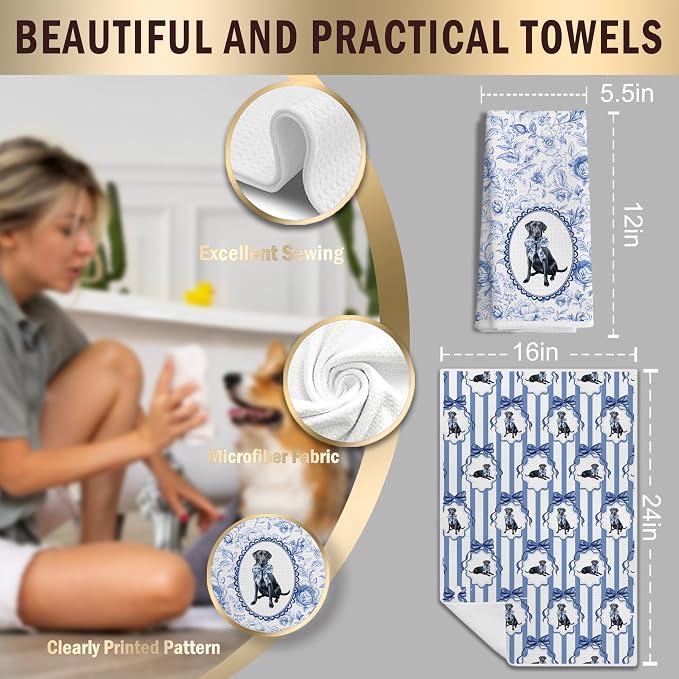 Chinoiserie Black Labrador Retriever Kitchen Towels, Blue and White Floral Black Lab Gifts Dish Tea Towels,Grandmillennial Botanical Dog Hand Towels for Kitchen Bathroom, 16x24 Inch Set of 2