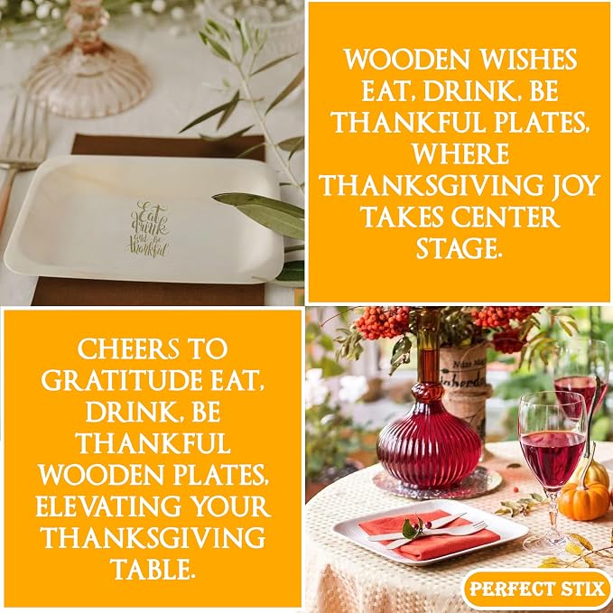 Perfect Stix - Perfectware 10-Eat,Drink,be Thankful-25 10" Disposable Wooden Plates with Thanksgiving Theme Print"Eat, Drink, and be Thankful" - Pack of 25ct