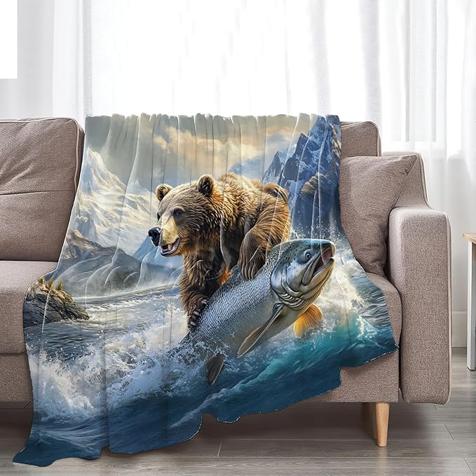 Tijuboni Bear Fish Throw Blanket Cabin Bear Gifts for Women Men Girls Boys Kids Adults Soft Flannel Fleece Blanket for Couch Sofa Bed Home Decor 50"x60"