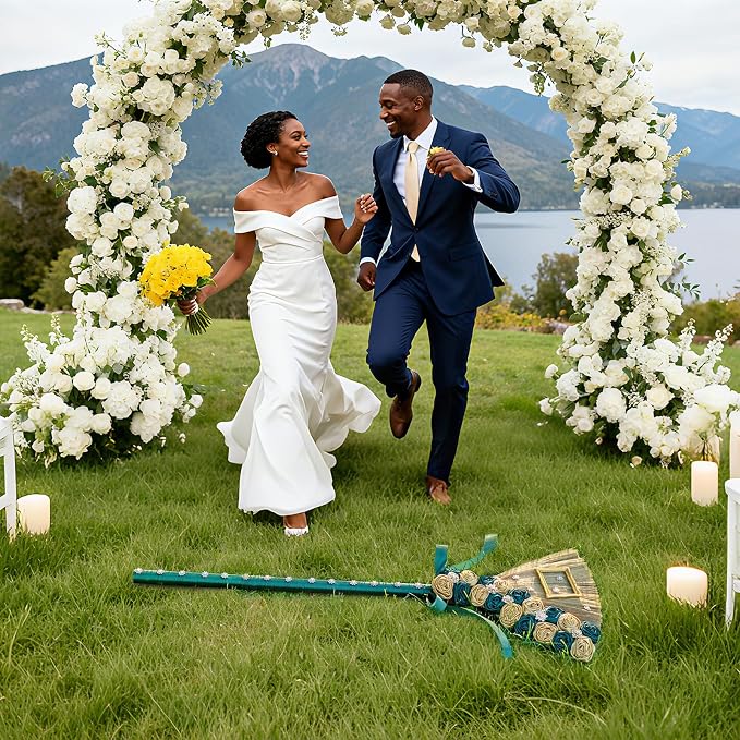 Wedding Broom for Jumping the Broom Ceremony - 40" Handcrafted with Natural Broom Corn, Velvet Roses, Crystals & Photo Frame, DIY Kit (Green & Gold, Premium Gift Box)