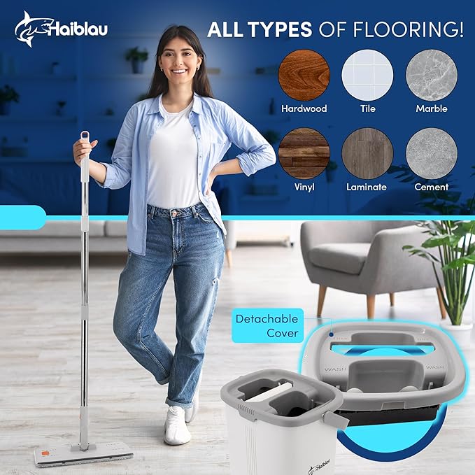 Flat Mop & Bucket Wringer Set with Self-Squeeze Mini Mop, Portable Handheld Wet/Dry Cleaner with Microfiber Pads, Flat Mop and Bucket System