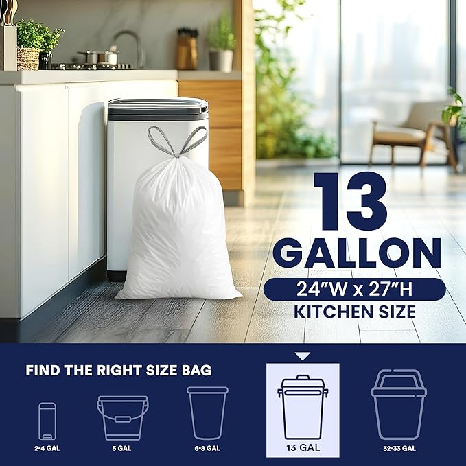 Plasticplace 13 Gallon Trash Bags │ 0.9 Mil │ White Tall Garbage Can Liners │ 24" x 27" (200 Count)