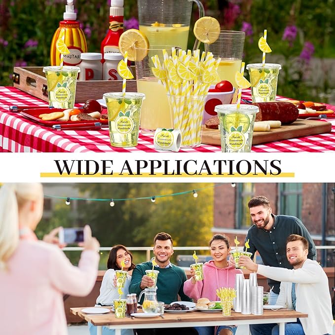 Gilprop 100 Sets Plastic Lemonade Cups with Lids and Straws Lemonade Stand Supplies 12 oz Disposable Lemon Cups Bulk with Stickers Lemonades Bar Supplies for Summer Beverage Drinking Party Favor