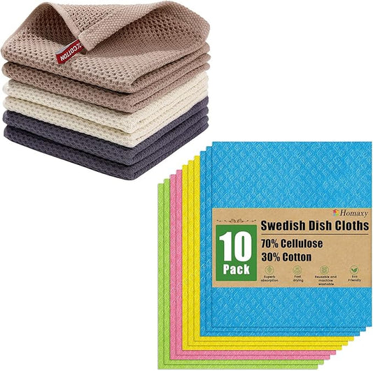 Homaxy 100% Cotton Kitchen Dish Cloths(Mixed Color, 12 x 12 inches, 6-Pack) and Swedish Dishcloths for Kitchen(Assorted, 10 Pack), Reusable and Eco-Friendly Cellulose Sponge Cloths