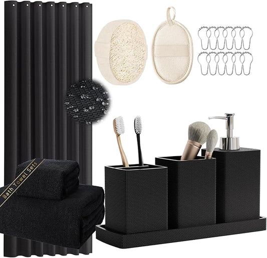 Resin Black Bathroom Sets, Black Bathroom Accessories Set with Shower Curtain, Bath Towel Set, Natural Loofah Sponge, Soap Dispenser, Toothbrush Holder, Bathroom Tumbler and Tray for Countertop