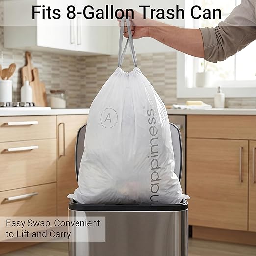 happimess 8 Gallon (30L) Drawstring Trash Bags, Unscented, White, Heavy Duty LDPE Liners for Kitchen and Household, Custom Fit 40 Count (2 Packs of 20 Liners) HPM3000A-W-2SET
