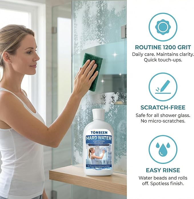 Hard Water Stain Remover Paste with Polishing Pads Calcium & Limescale Cleaner for Shower Glass, Shower Doors & Tiles, Includes 800 & 1200 Grit Pads, 500ml, 16.9fl oz