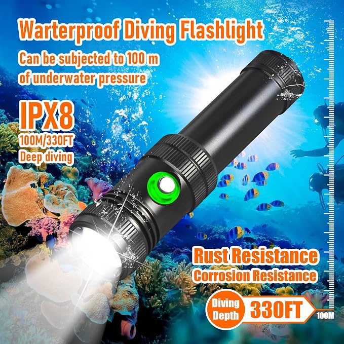 2000 Lumens Scuba Dive Light – Super Bright Diving Flashlight with 4 Modes, IP68 Waterproof USB Rechargeable Battery Underwater Torch for Scuba Diving, Snorkeling, and Underwater Exploration