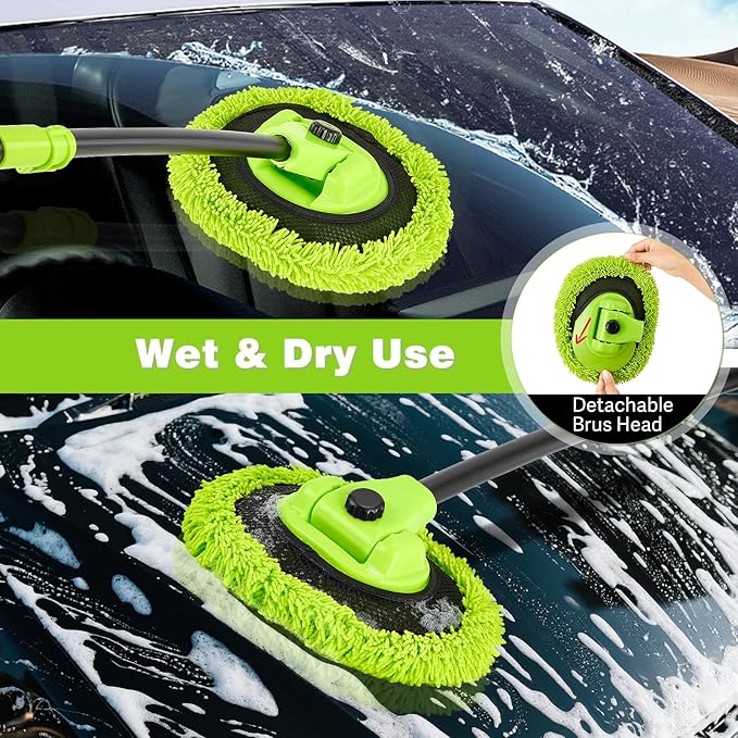 Car Wash Brush Kit with 15° Curved Long Handle, Car Cleaning Kit with 2 Replaceable Car Washing Mop, Wash Sponge, Mitt, Towel, Tire Brush, Cleaning Tools for Cars RV SUV Truck (Green)