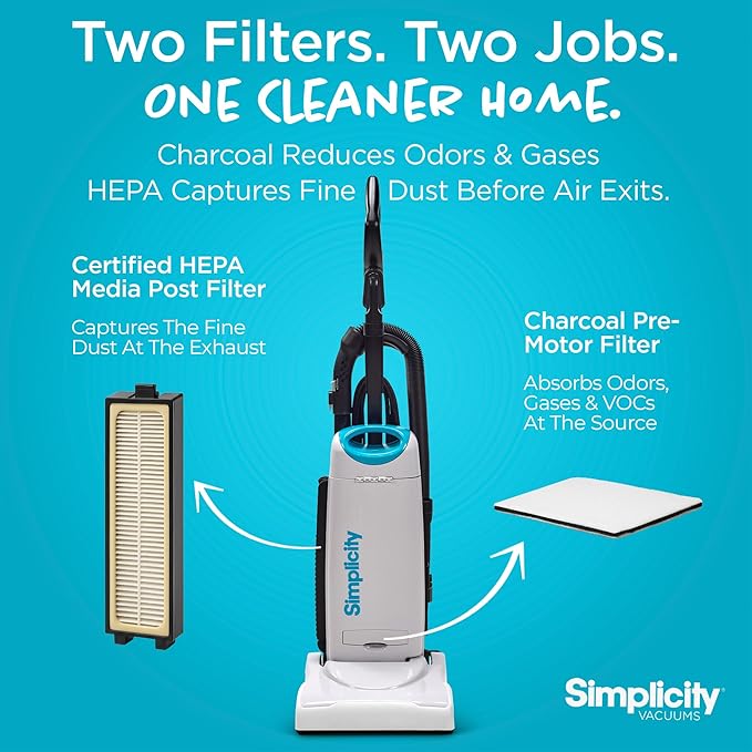 "Simplicity Vacuums Certfied HEPA Vacuum Cleaner Bags & Filter Media Set for (S26HC-6) S26 Premium Allergy Upright Vacuum, Charcoal-Infused Lining, 5-Layer Cloth Filtration, Self-Sealing, Pack of 6 "