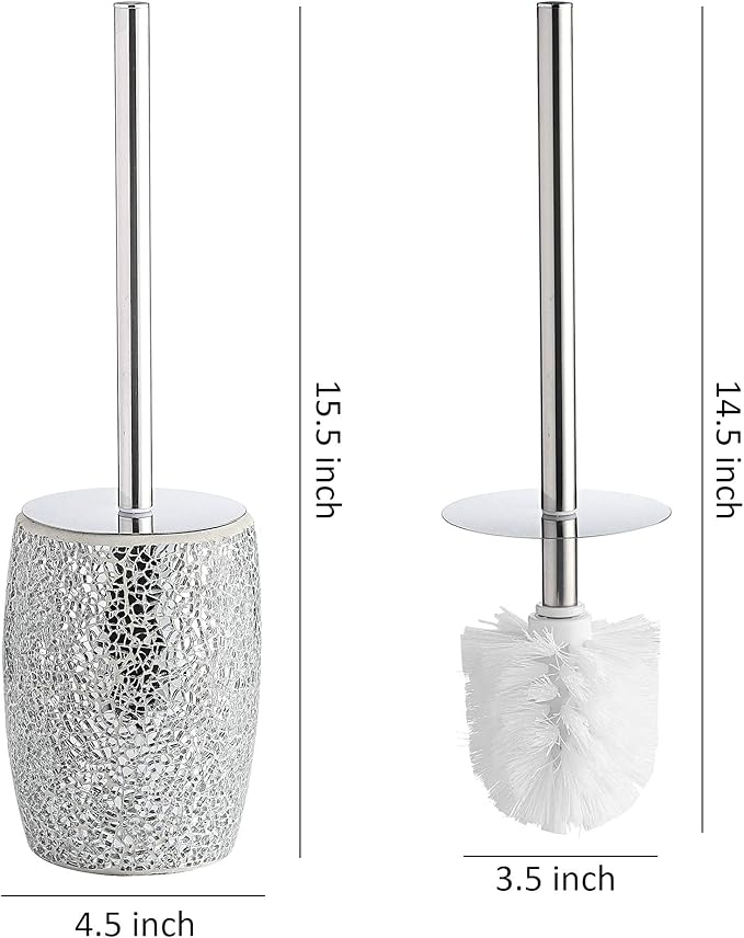 WHOLE HOUSEWARES Modern Toilet Brush Set (Silver) - Glass Mosaic Bathroom Accessory with Sturdy Bristles and Holder