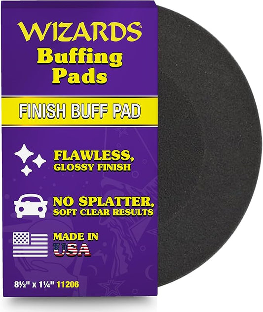 Wizards Foam Finish Buff Pad - Velcro Backed, Light Polish Foam Pad for Car Detailing - ‎No Splatter with Soft Clears Results for Auto Detailing Supplies - ‎8½" x 1¼"
