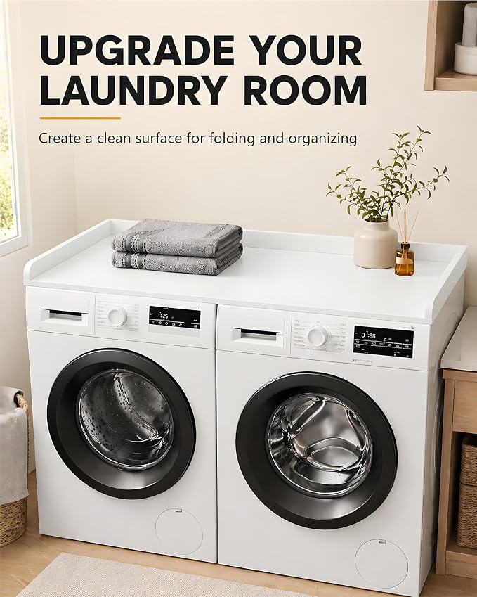FlyGeneral Washer and Dryer Countertop, 54" Width x 27.5" Deep, White | Laundry Folding Surface for Clothes, Quick Install Design, Raised Edge Prevents Items Falling, Fits Front Load Washer Dryer