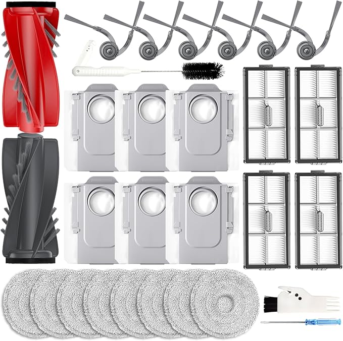 29PCS SAROS 10R Accessories Sets for Roborock SAROS 10R/SAROS 20/Qrevo CurvX/Qrevo Curv 2 Pro, Qrevo CurvX Replacements Kits: 2 Roller Brushes, 8 Mop Pads, 4 Filters, 6 Dust Bags, 6 Side Brushes