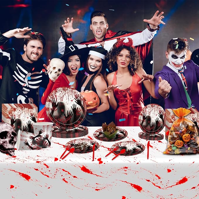 168 Pcs Bloody Halloween Supplies Serve 24 Zombie Horror Halloween Birthday Party Decorations Scream Bloody Good Time Party Plates and Napkins Dinnerware Set Horror Movie Decorations