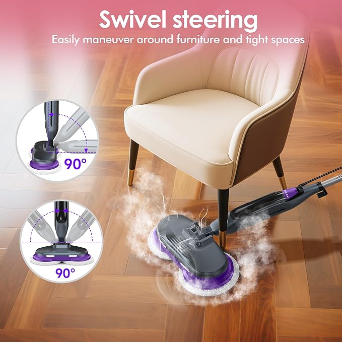 Scrub & Steam Mop with Rotating Mop Pads, 4 Cleaning Modes & LED Headlights, 6 Scrub Pads, Large Tank, Swivel Steering, All-in-One Hard Floor Cleaner
