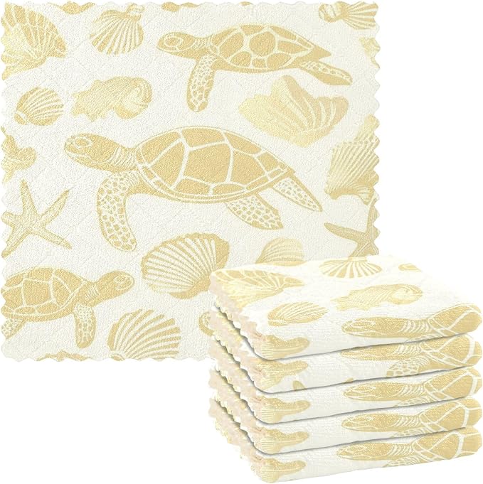 Gold Yellow Turtles Starfish and Seashell Kitchen Towels Dish Cloths Set of 6 Microfiber Cleaning Cloths for Cars Super Absorbent Machine