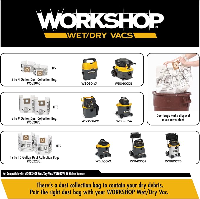 WORKSHOP Wet/Dry Vacs WS0301VA 3-Gallon 3.5 Peak HP Wet Dry Vacuum Cleaner | Portable Shop Vacuum with Built-in Dust Pan, Filter, Dust Bag, Expandable Hose, and Attachments for Home and Car Cleaning
