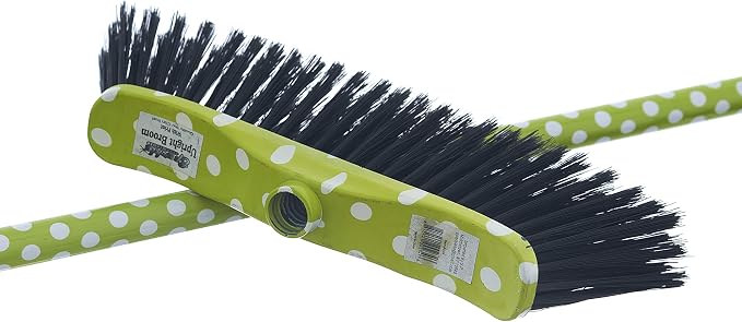 Superio Polka Dot Printed Broom, 2-Pack, Heavy-Duty Indoor & Outdoor Push Brooms with Black Plastic Bristles, Multi-Surface Floor Sweeper, Wooden Handles, 12-Inch Wide Sweeping Head