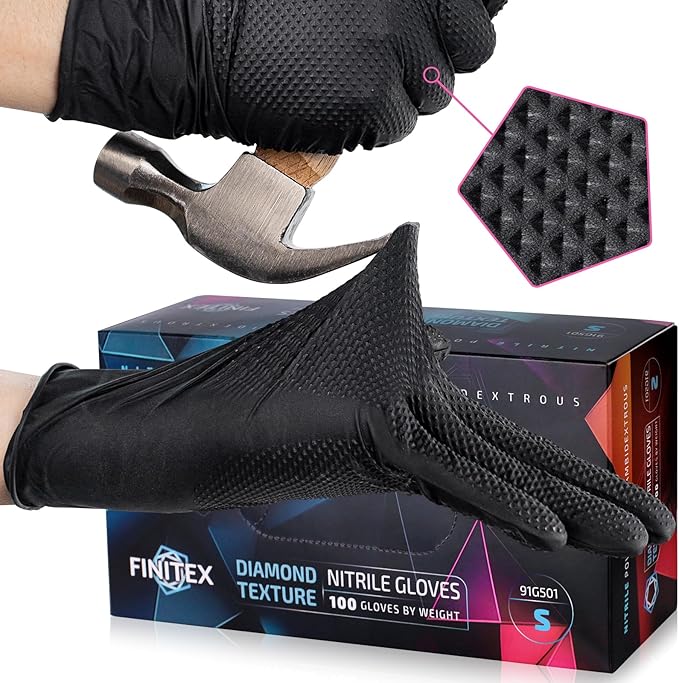 FINITEX Industrial Diamond Texture Nitrile Black Glove - 100/1000PCS Chemical Resistant 6.3mil Mechanic Disposable Gloves