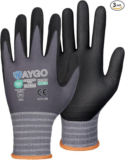 KAYGO Safety Work Gloves MicroFoam Nitrile Coated, 3 Pairs KG18NB,Seamless Knit Nylon Glove for Men and Women, Ideal for Automotive,Warehouse,Construction (2X-Large,Gray)