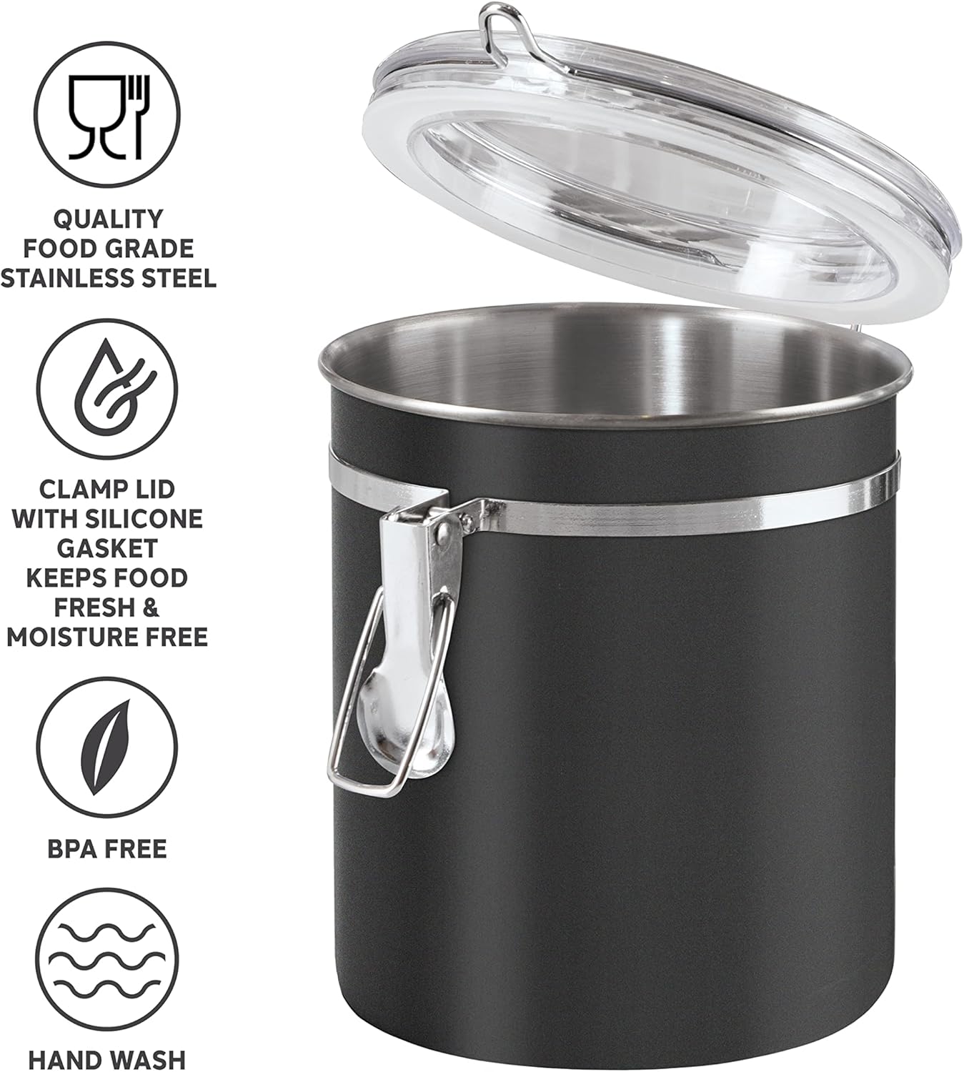 Oggi Stainless Steel Kitchen Canister 36 fl oz, Black - Airtight Clamp Lid, Clear See-Thru Top - Ideal for Kitchen Storage, Food Storage, Pantry Storage. Size 5" x 4.75".