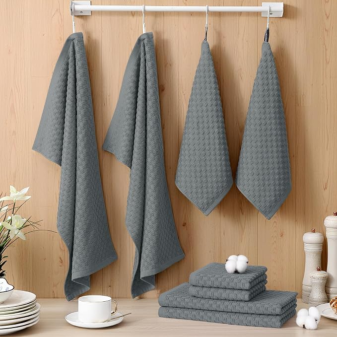 Homaxy 100% Cotton Kitchen Towels and Dishcloths Set, 12 x 12 & 15 x 25 Inches, Set of 8 Bulk Terry Cloth Dish Towels, Super Soft and Absorbent Hand Towel with Hanging Loop, Dark Grey