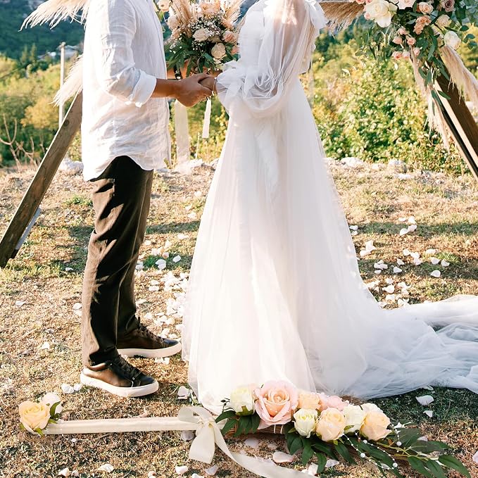 Wedding Broom DIY Jumping Broom for Wedding Ceremony 28 inch Tall Whisk with Artificial Roses/Green Leaves/Ribbons/Pearl