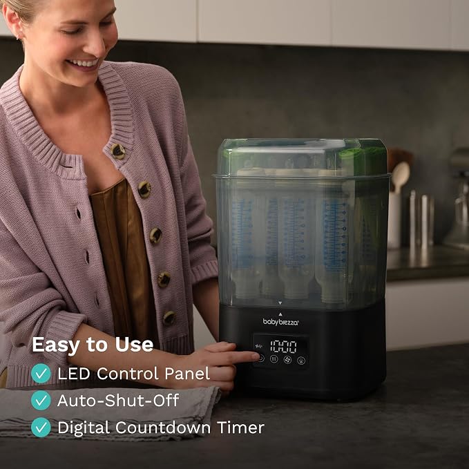 Baby Brezza 10 Minute SuperQuick Bottle Sterilizer + Dryer - Large 8 Bottle Capacity - Steam Sanitization – Universal Fit for All Bottles: Plastic + Glass + Pacifiers + Breast Pump Parts, Matte Black