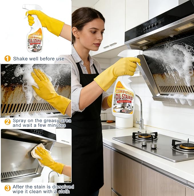 Heavy-Duty Kitchen Degreaser Spray, Multi-Purpose Foam Cleaner for Stovetops, Pans, Countertops & Appliances, Powerful on Grease and Oil Stains, No-Rinse Formula, 350ml/12oz, Lemon Scent（2 Pack）