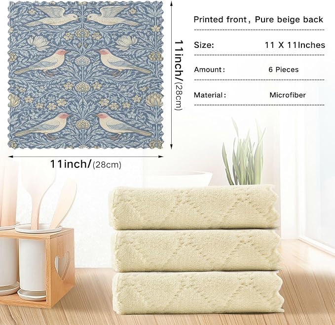 ALAZA Dish Towels Kitchen Cleaning Cloths William Morris Prints Dish Cloths Super Absorbent Kitchen Towels Lint Free Bar Tea Soft Towel Kitchen Accessories Set of 6,11"x11"