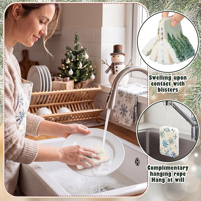 Hahafelt 36 Counts Compressed Cellulose Sponges Bulk Pop up Farmhouse Christmas Pattern Natural Kitchen Compostable Non Scratch Dish Sponges for Washing Dishes, Cleaning Countertop Sink
