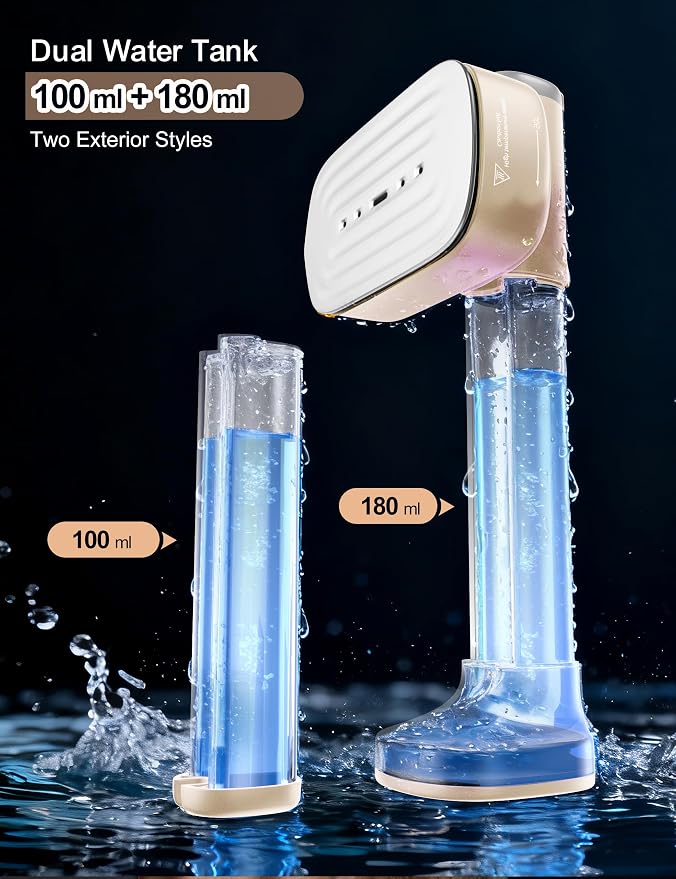 Sundu Travel Steamer for Clothes, Portable Handheld Garment Steamer, 2 Water Tanks (180 ml +100 ml), 25 Minutes of Continuous Ironing for Travel,Home Pale Gold
