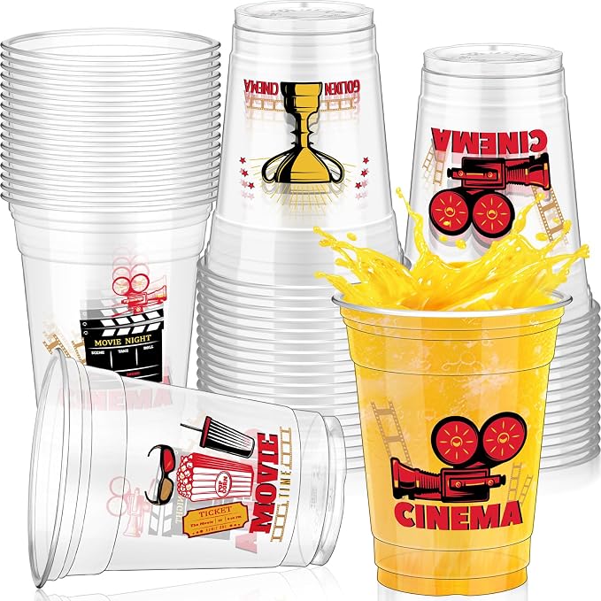 Pickmesh 50 Pcs Movie Night Theme Party Decorations Movie Night Plastic Cups Party Supplies 12 oz Thick Clear Disposable Drinkware Cups Retro Music Supplies